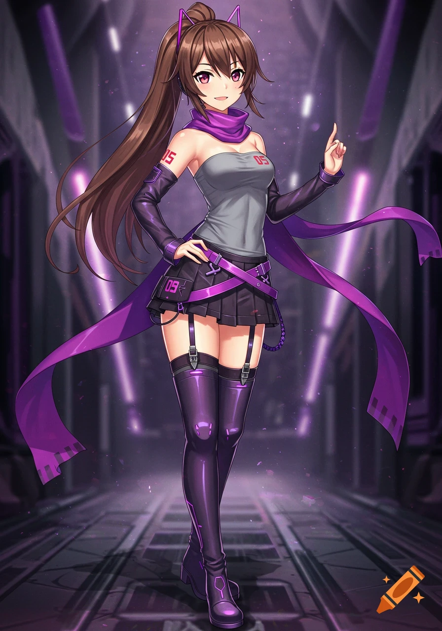 An anime-style character with brown hair and purple clothing, including a tube top, mini-skirt, thigh-high boots, and a scarf, stands in a futuristic setting.