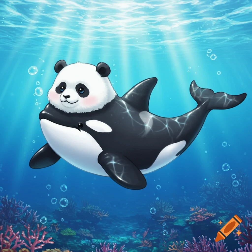A cute cartoon panda-orca hybrid swims underwater amidst coral, with light rays shining from above.