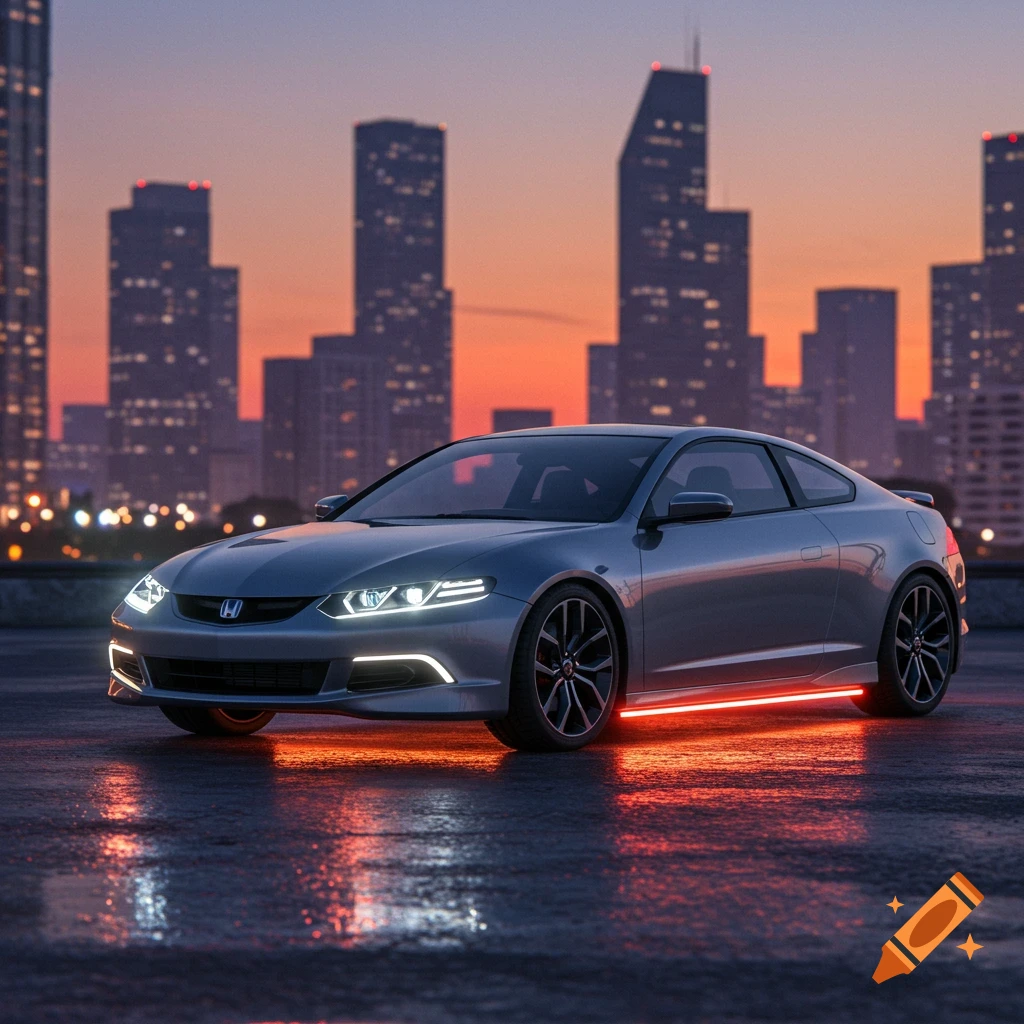 A grey futuristic Honda sports car with glowing red underglow lights on a wet surface at dusk, with a city skyline in the background.