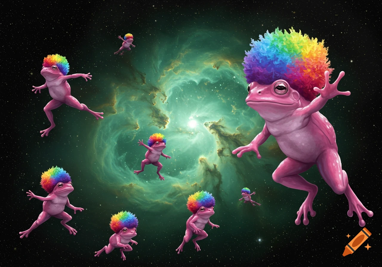 Pink frogs with rainbow afros float in space before a vibrant green nebula.