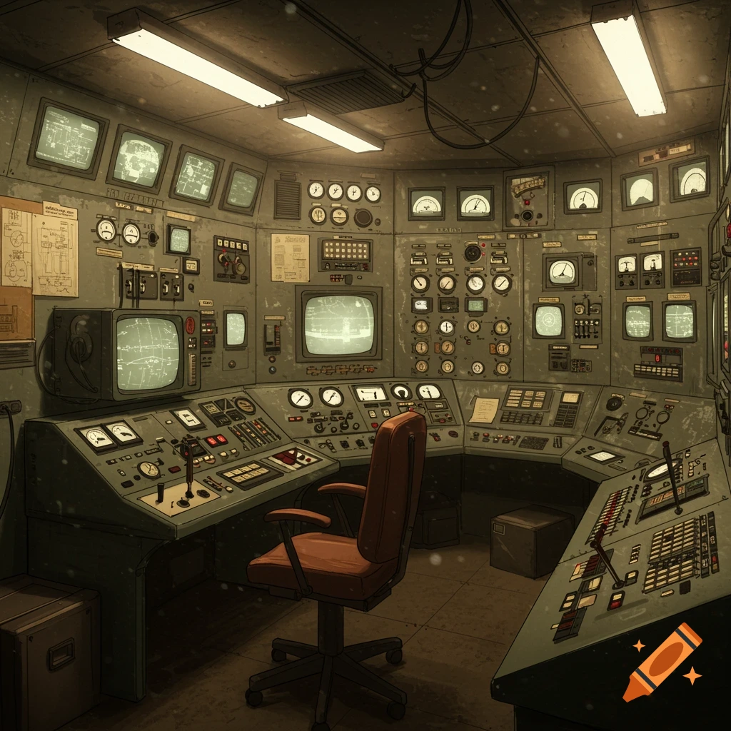 A vintage operator room filled with multiple monitors, control panels, and a central office chair, in a semi-animated style.