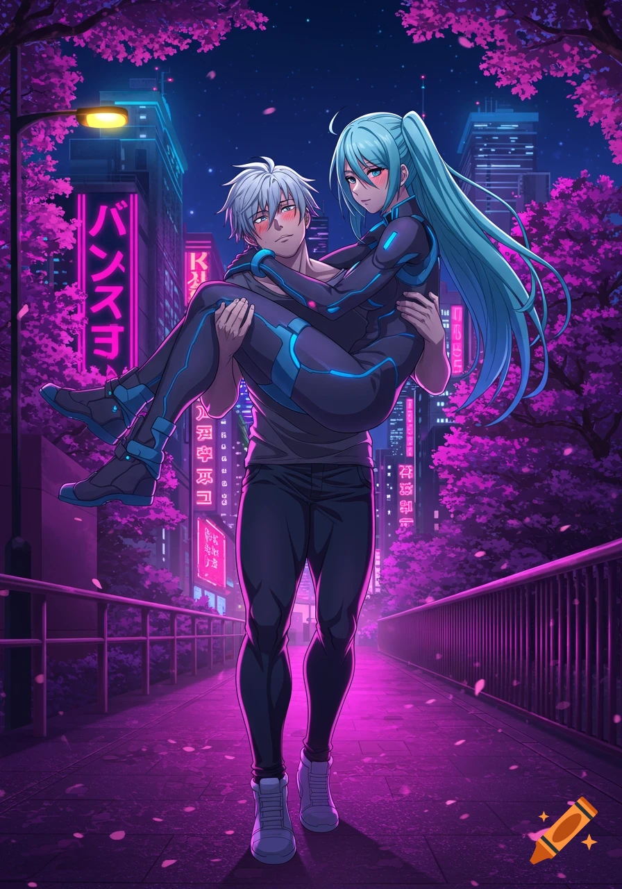 An anime couple, a man in a grey shirt and black pants carries a woman with long blue hair and a black and blue suit through a purple-lit cityscape with cherry blossoms at night.