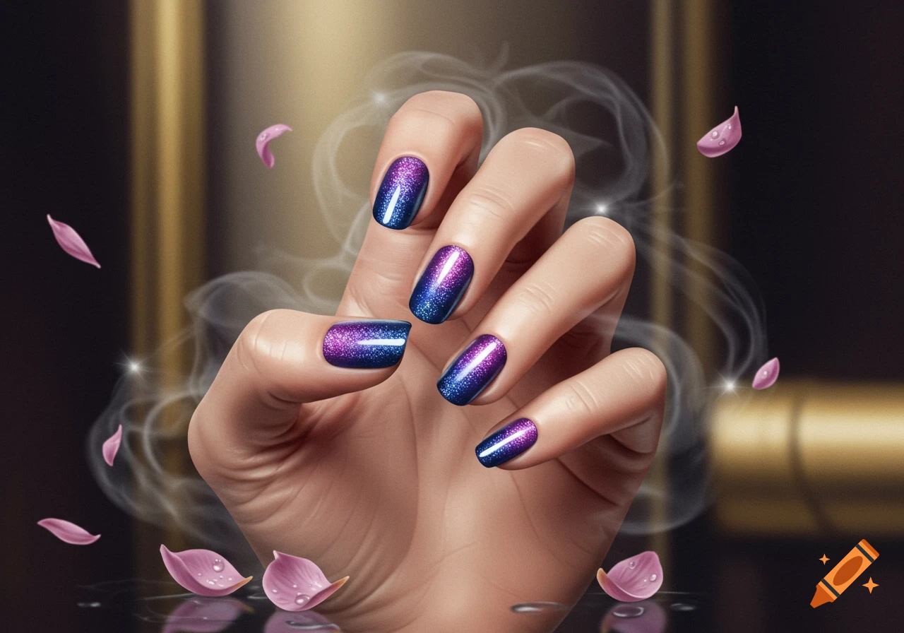 A hand with sparkling purple and blue ombre nails, surrounded by floating pink petals and wisps of smoke.