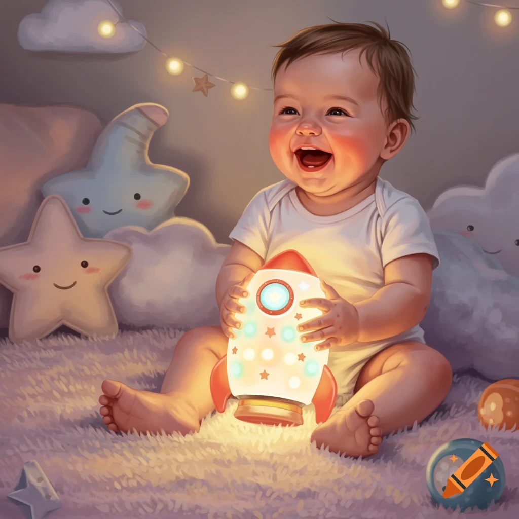 A happy baby sitting on a fluffy rug, holding a glowing rocket toy, surrounded by star and cloud pillows and string lights.