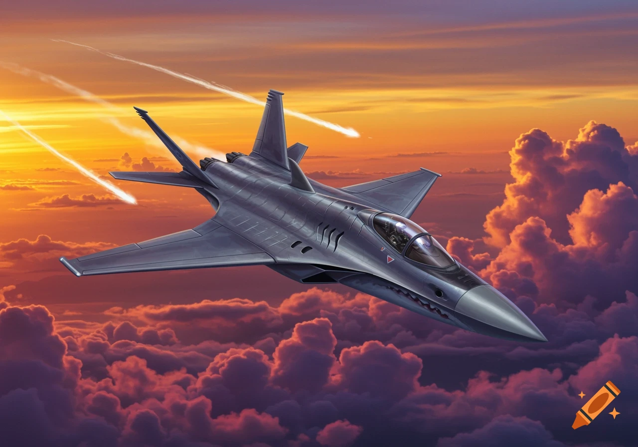 A sleek grey shark fighter jet flies through a dramatic orange and purple sunset sky with clouds below.