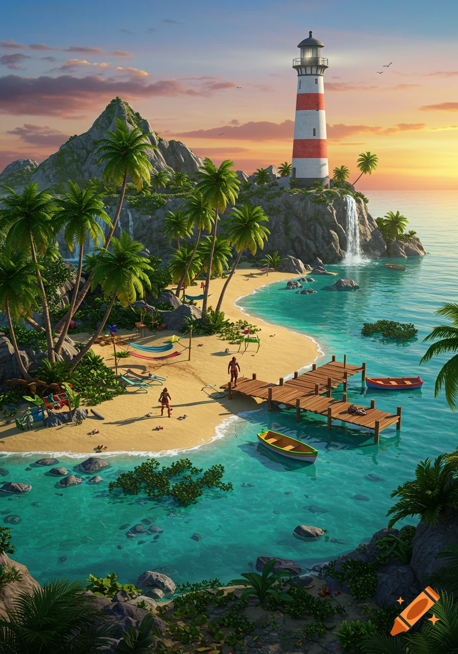Vibrant tropical island with a red and white lighthouse, sandy beach, palm trees, and turquoise water with a wooden pier.