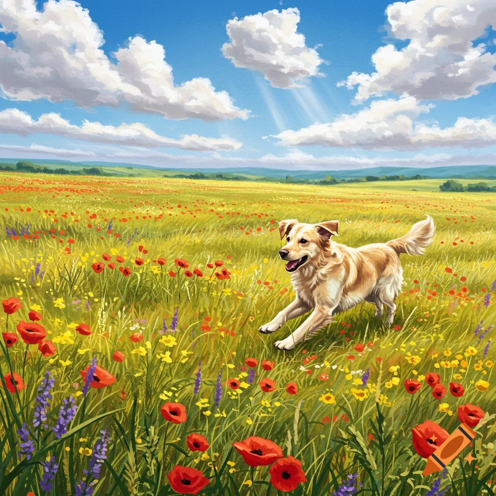 A golden retriever runs through a vibrant field of red and yellow wildflowers under a bright blue sky with white clouds, in a painterly style.