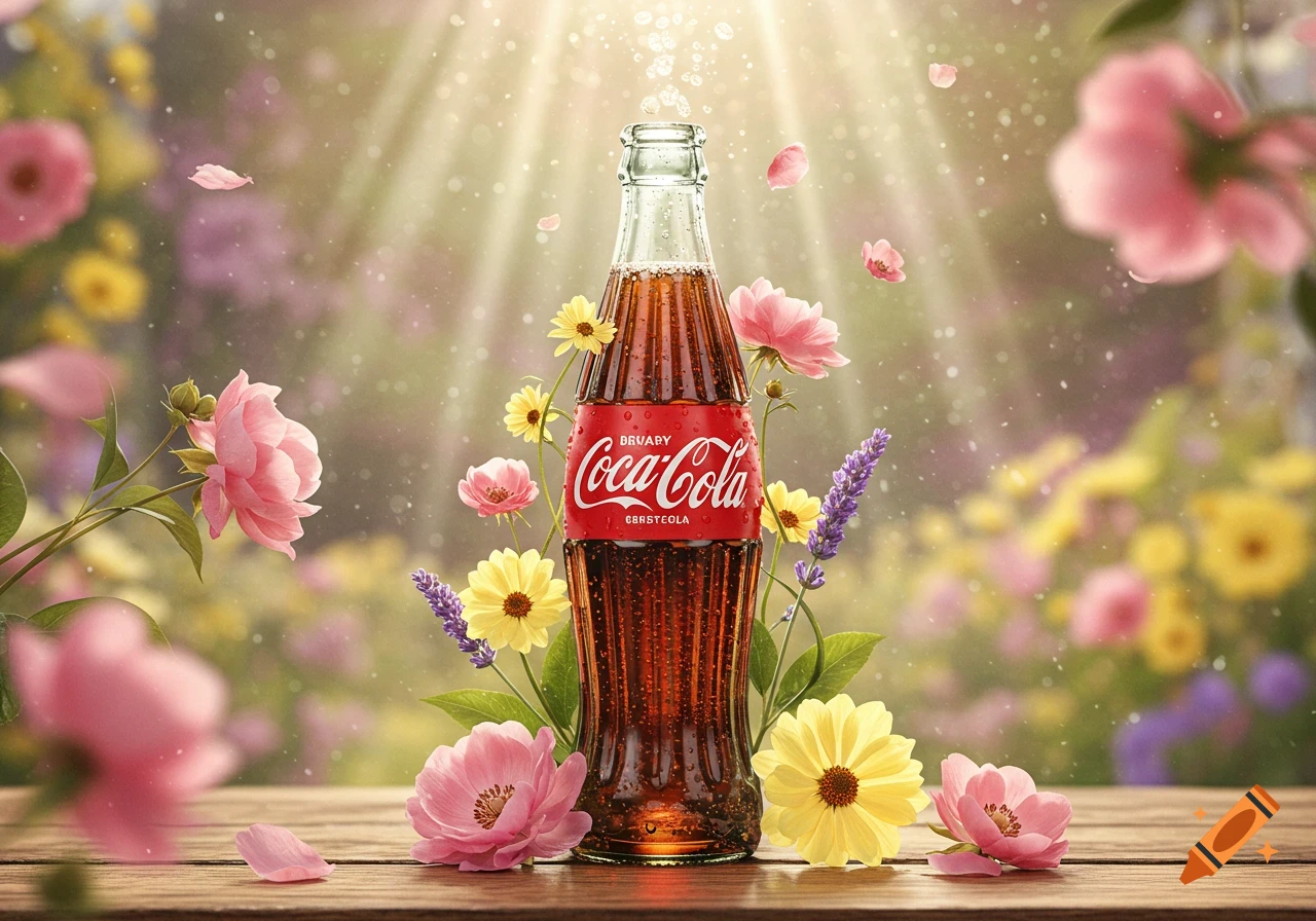 Photorealistic Coca-Cola bottle surrounded by pink and yellow flowers on a wooden surface, with light rays and floating petals.