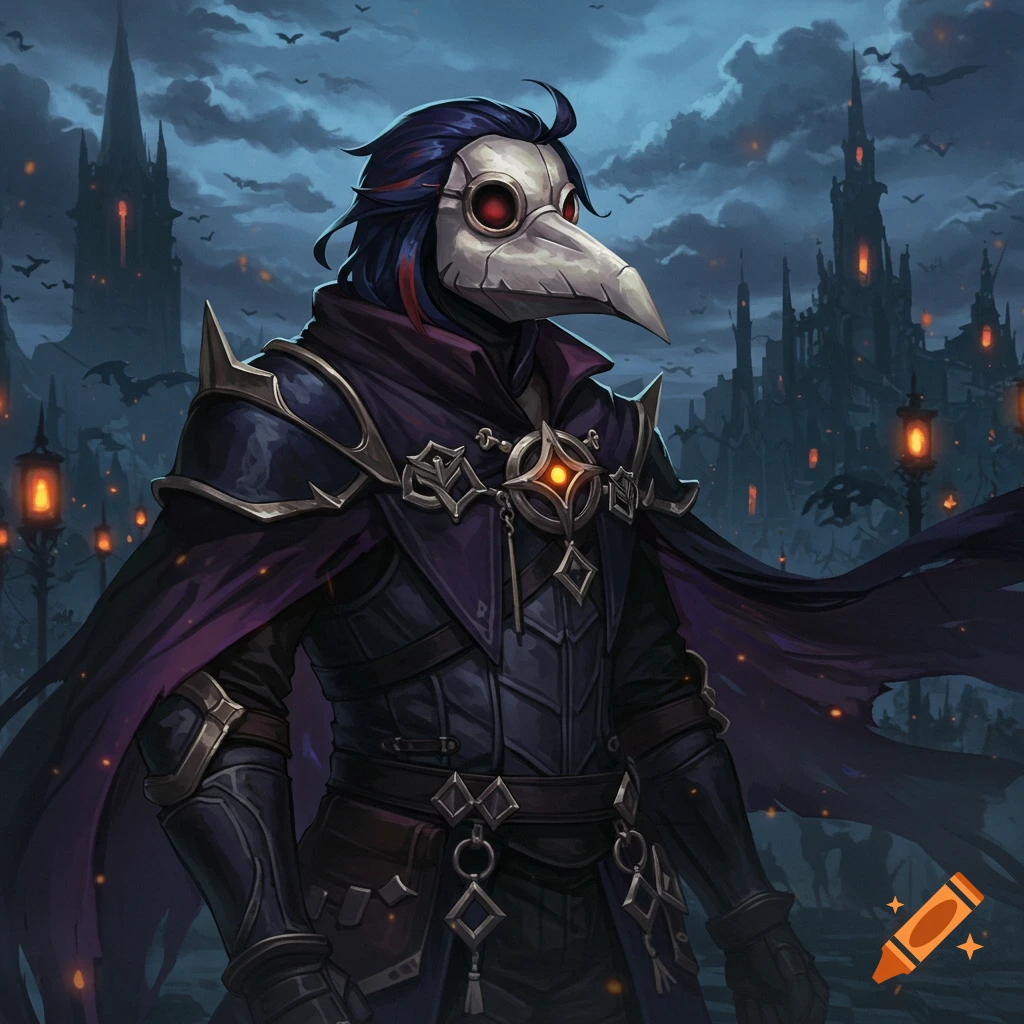A character in a plague doctor mask with glowing red eyes wears dark armor and a cape in front of a gothic castle at night.