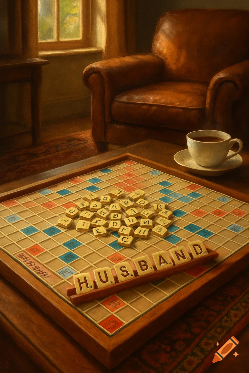 A Scrabble board on a wooden table, with scattered letter tiles on the board and the word HUSBAND spelled out on a tile rack. A teacup sits nearby, and a brown armchair is in the background.