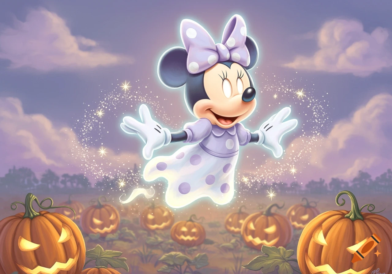 Minnie Mouse as a ghost floats over a pumpkin patch with glowing jack-o'-lanterns at dusk, cartoon style.