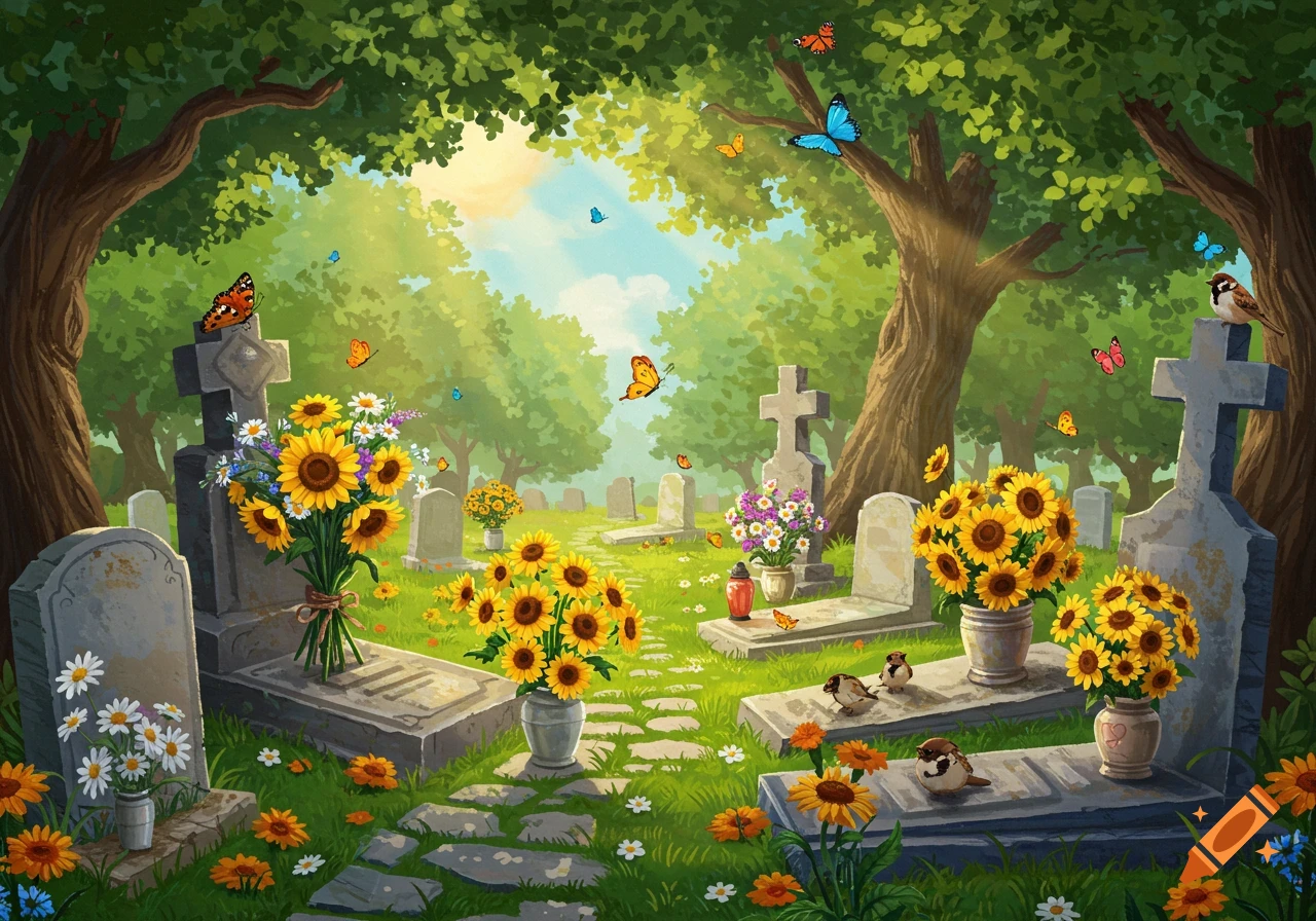 A colorful, cartoonish illustration of a peaceful cemetery with sunflowers, daisies, trees, birds, and butterflies.