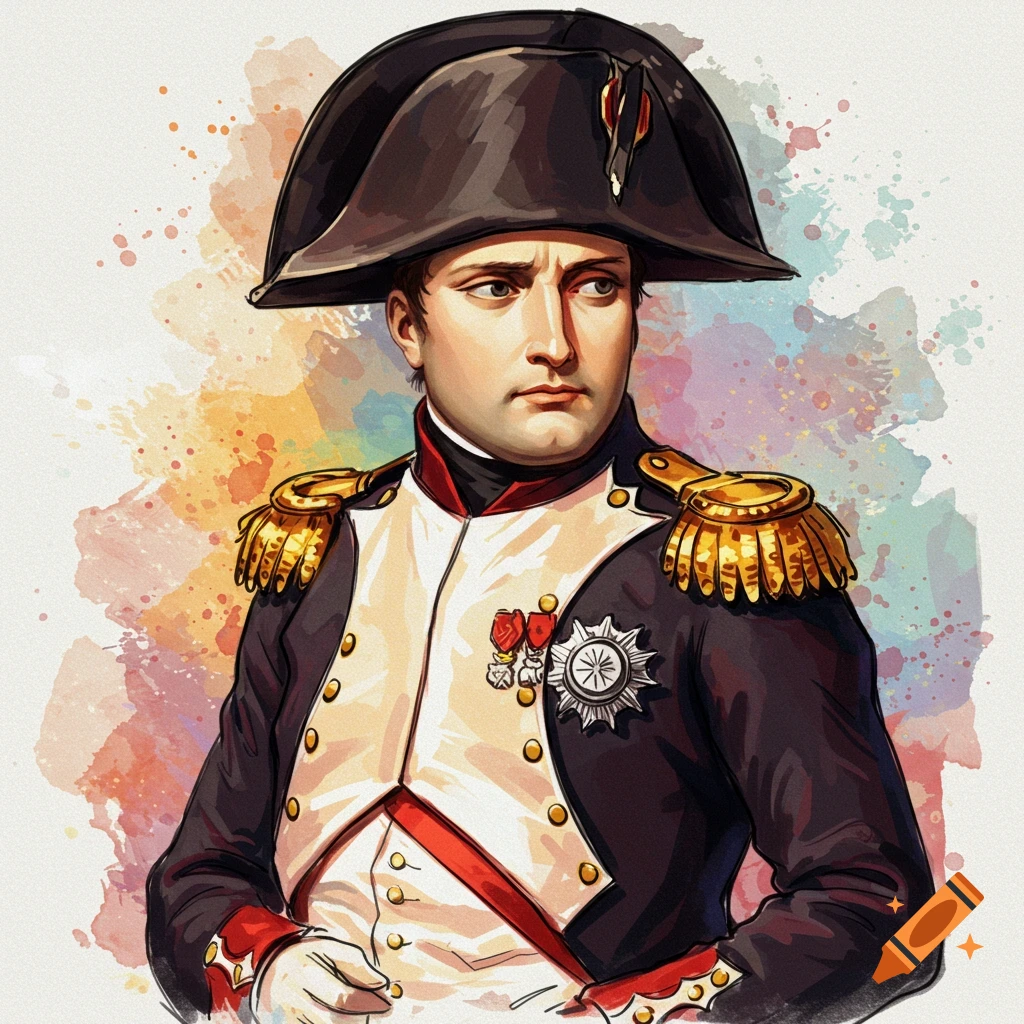 A watercolor sketch portrait of Napoleon Bonaparte in military uniform with a bicorne hat against a colorful splash background.