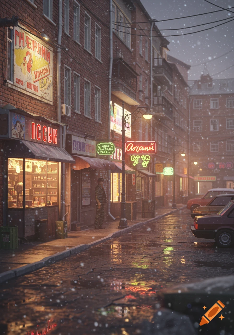 A snowy street scene at dusk in what appears to be a 90s Eastern European city, with illuminated storefronts and neon signs lining the brick buildings. Cars are parked along the wet, reflective street, and snow falls softly.