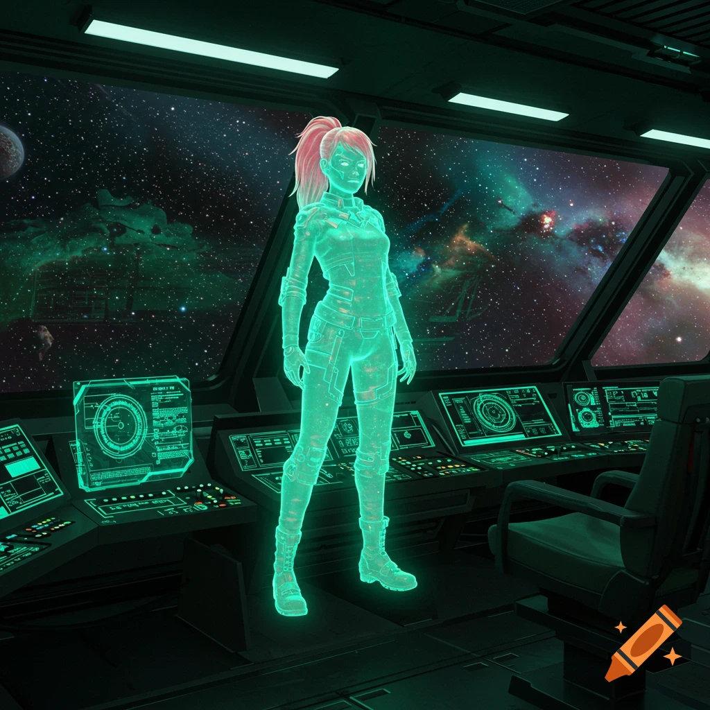 A glowing green holographic woman with pink hair stands on the flight deck of a starship, with a view of space and nebulae through the windows.