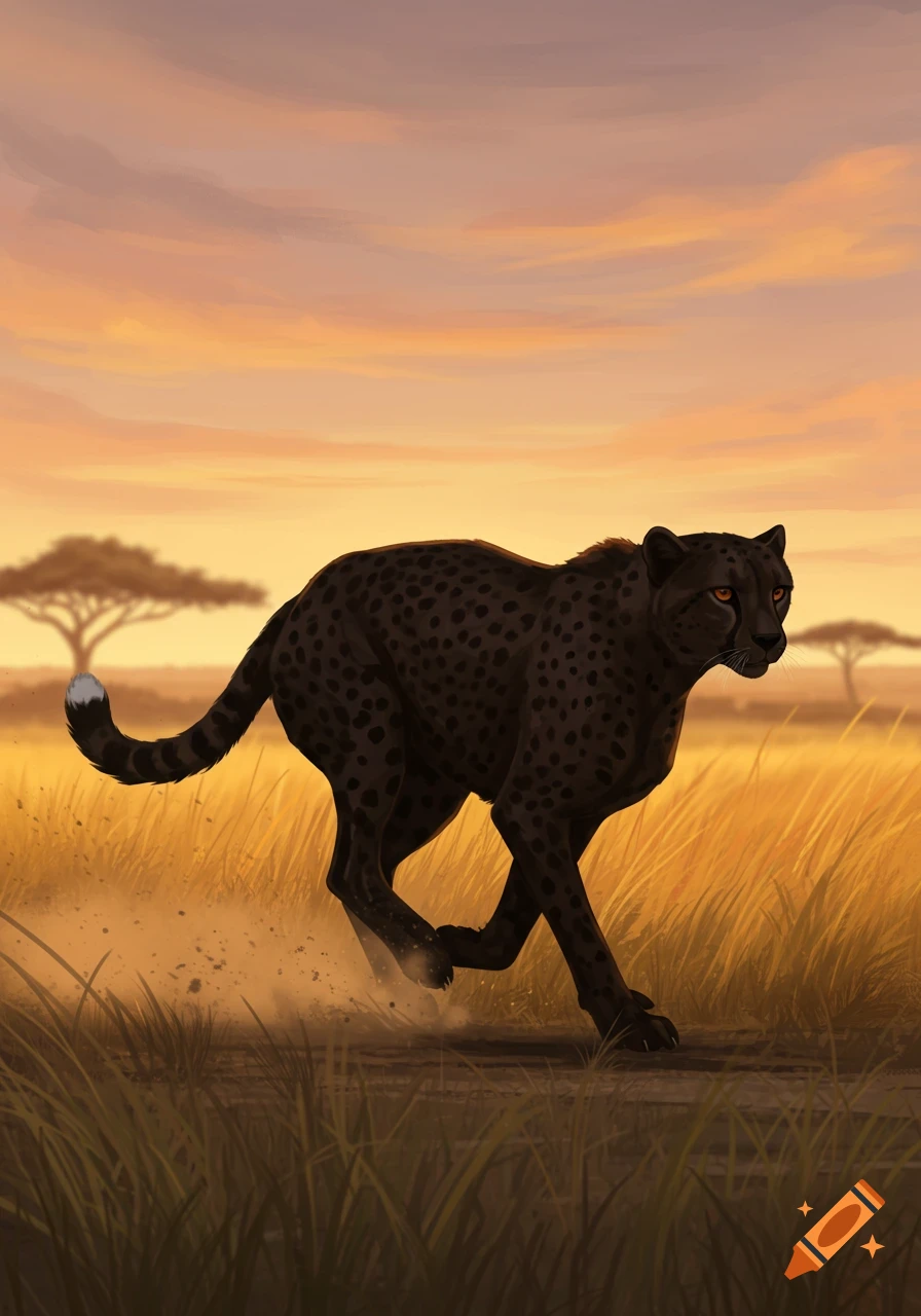 A black cheetah with orange eyes runs through golden grass in a savanna at sunset.