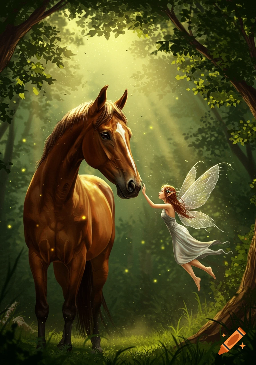 Fantasy illustration of a tiny fairy gently touching a majestic brown horse's nose in a glowing, sunlit forest.