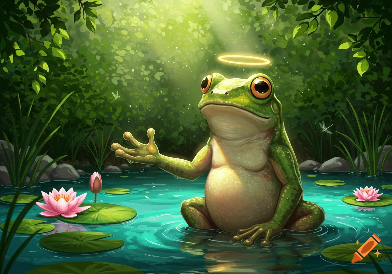 A majestic green frog with a golden halo sits in a serene pond surrounded by lily pads and pink lotus flowers, illuminated by sunlight.