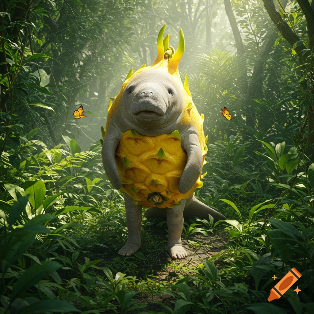 A photorealistic manatee-dragon fruit creature with human feet stands in a lush rainforest.