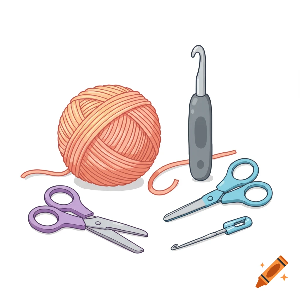 Cartoon illustration of a ball of peach yarn, a gray crochet hook, a blue yarn needle, and two pairs of scissors.