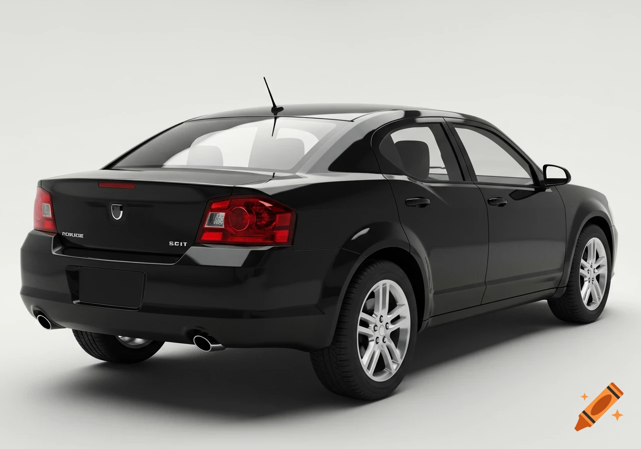 Rear view of a black sedan with two exhaust pipes, an antenna, and light-colored wheels against a white background.