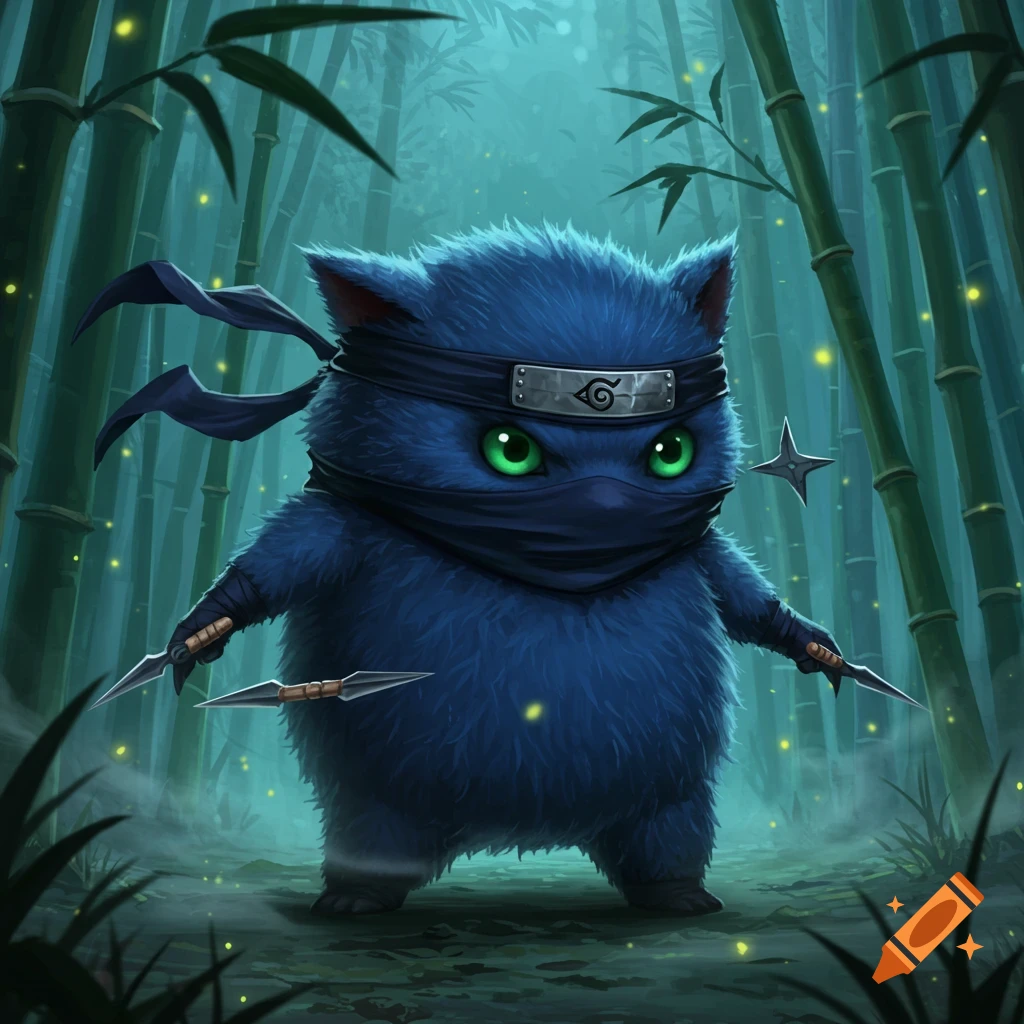A cute blue furry creature with green eyes, dressed as a ninja with a headband, holding small blades in a glowing bamboo forest.