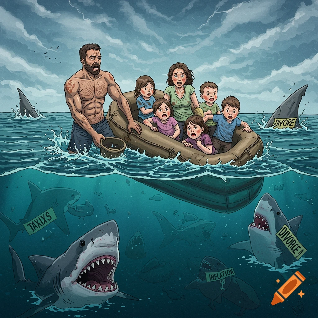 A cartoon illustration depicts a distressed family in a small raft, with a muscular father treading water alongside. Sharks labeled 'TAXIXS', 'DIVORE', and 'INFLATION' circle beneath and around them, implying overwhelming financial and social pressures.