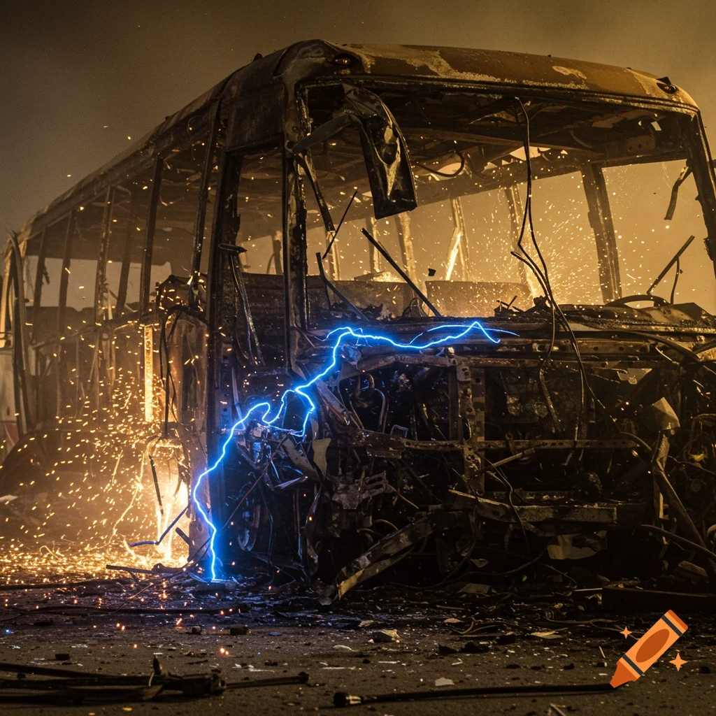 A burnt-out, mangled train coach wreckage with blue electrical sparks and orange embers, surrounded by smoke and debris in a dark, apocalyptic setting.