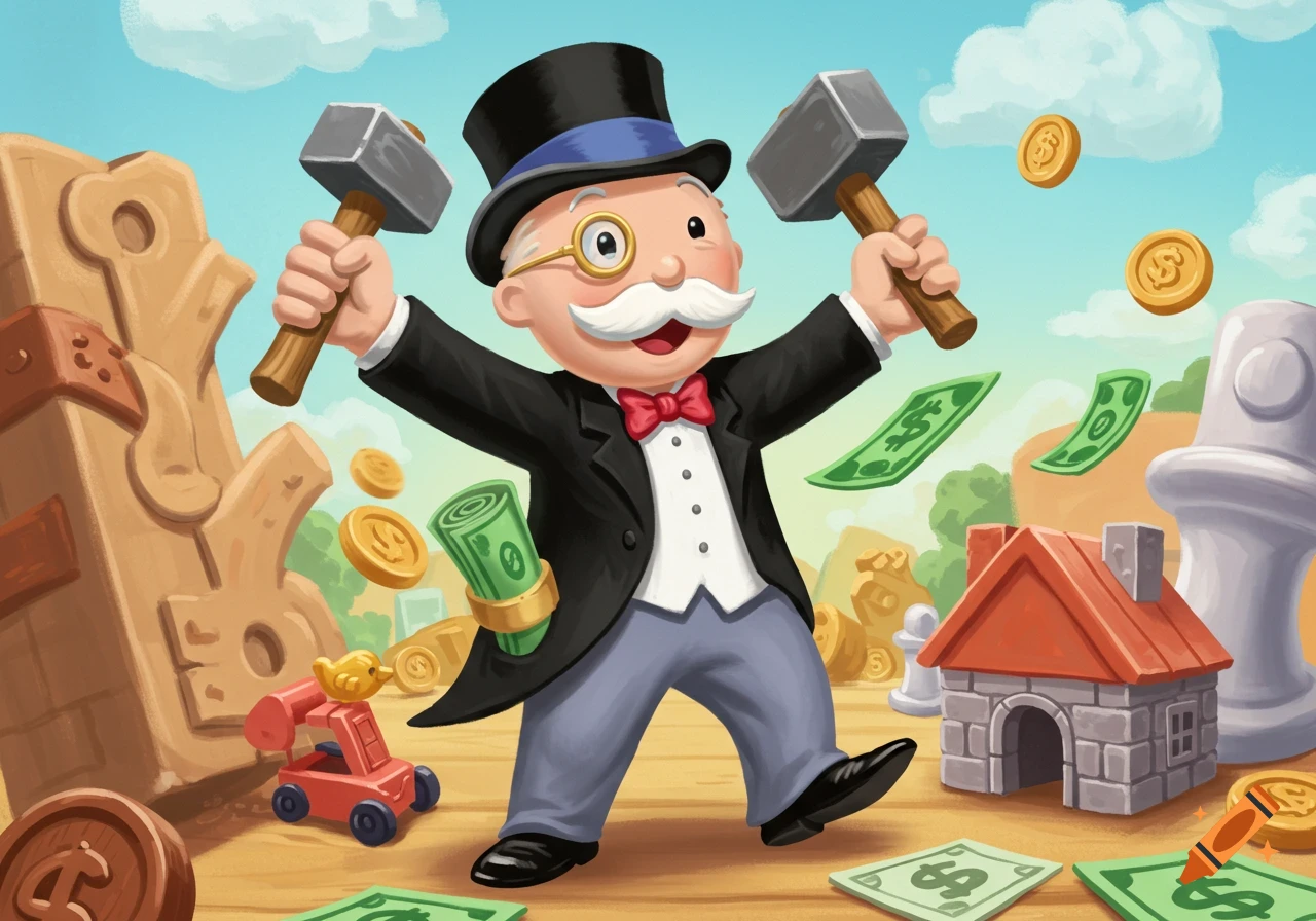 Mr. Monopoly holds two hammers surrounded by money and game pieces including a house and car, in a vibrant cartoon style.
