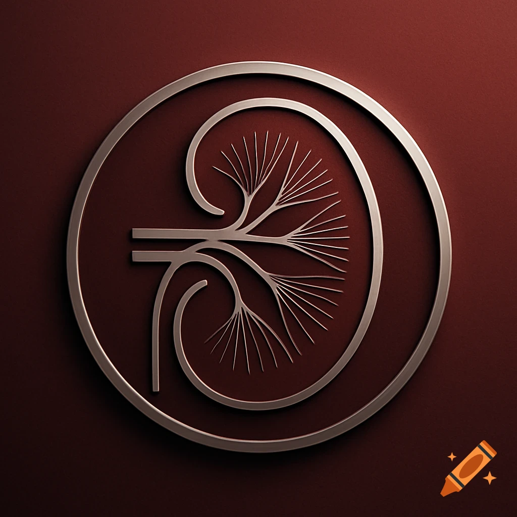 Metallic silver line art logo of a stylized kidney within a circle on a dark red background.