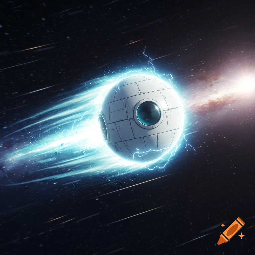 A white spherical Saiyan space pod with a circular window glows blue as it speeds through deep space, leaving an energy trail.