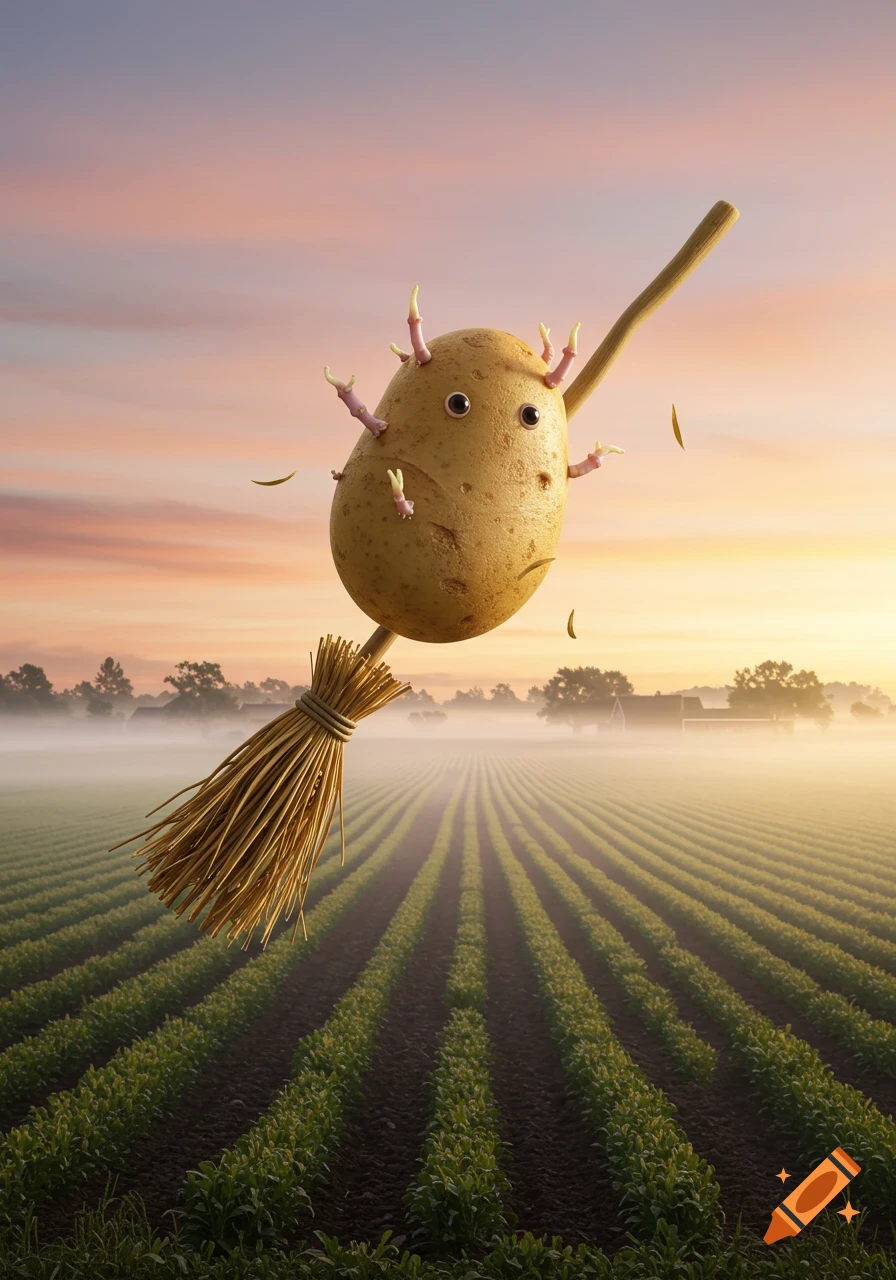 A whimsical potato with sprouts and eyes flies on a broomstick over a misty green field at sunrise.