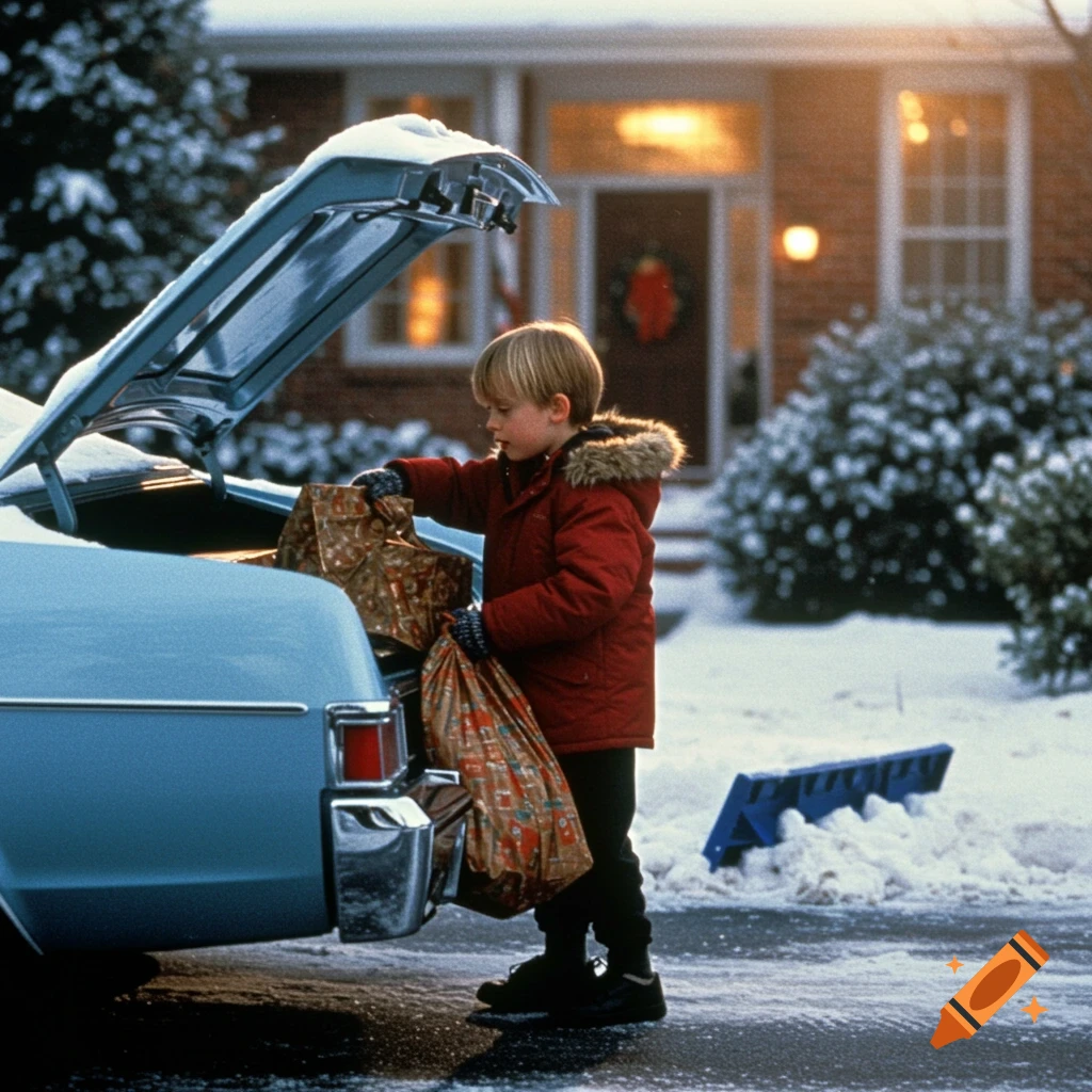Young boy in red coat loading gift bags into snowy car trunk in front of a house, winter scene.
