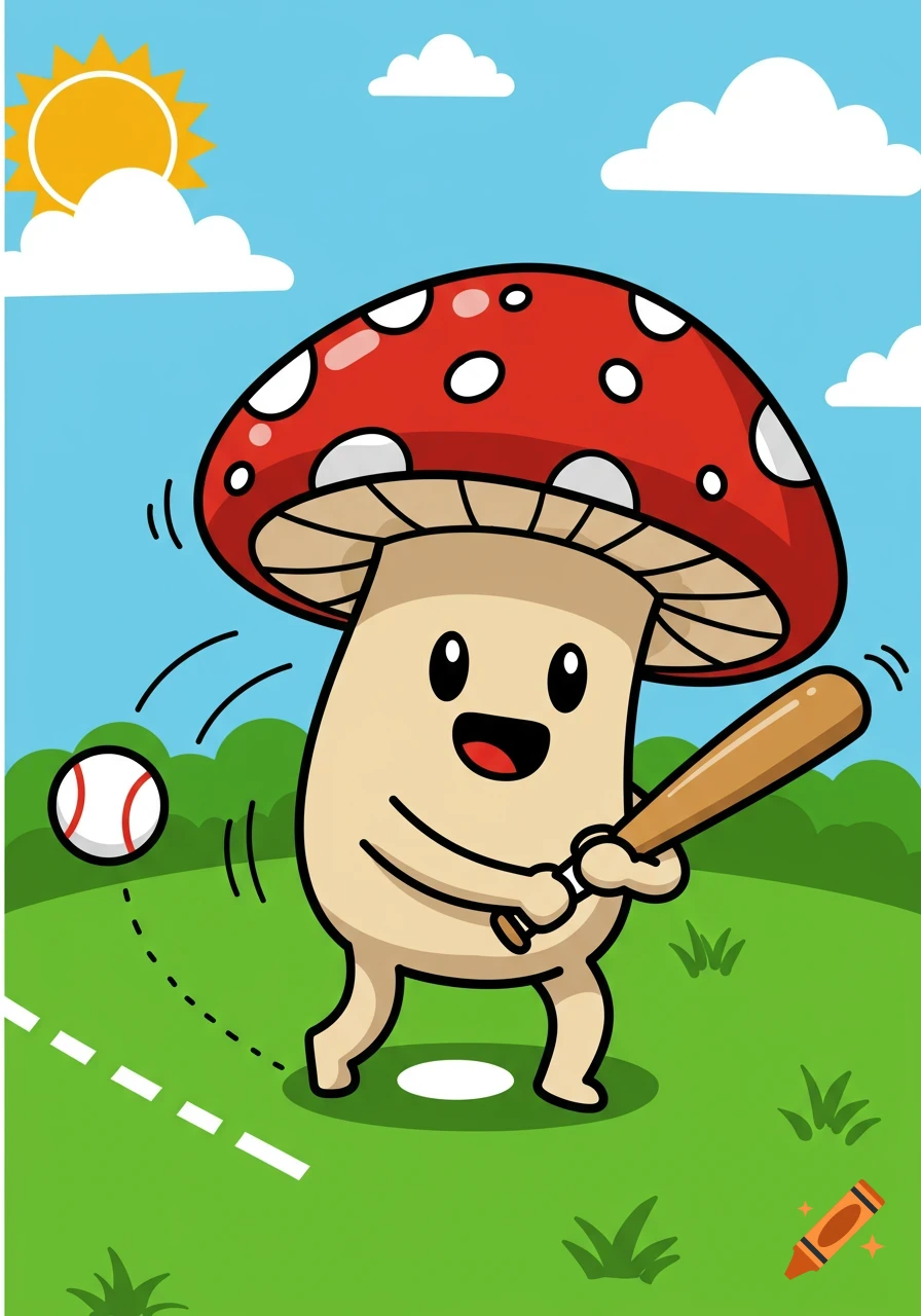 Cartoon mushroom swinging a baseball bat on a green field under a sunny blue sky.