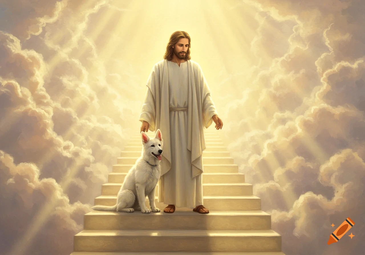 Jesus Christ and a white dog stand on a stairway leading up into bright, sunlit clouds in a painting.
