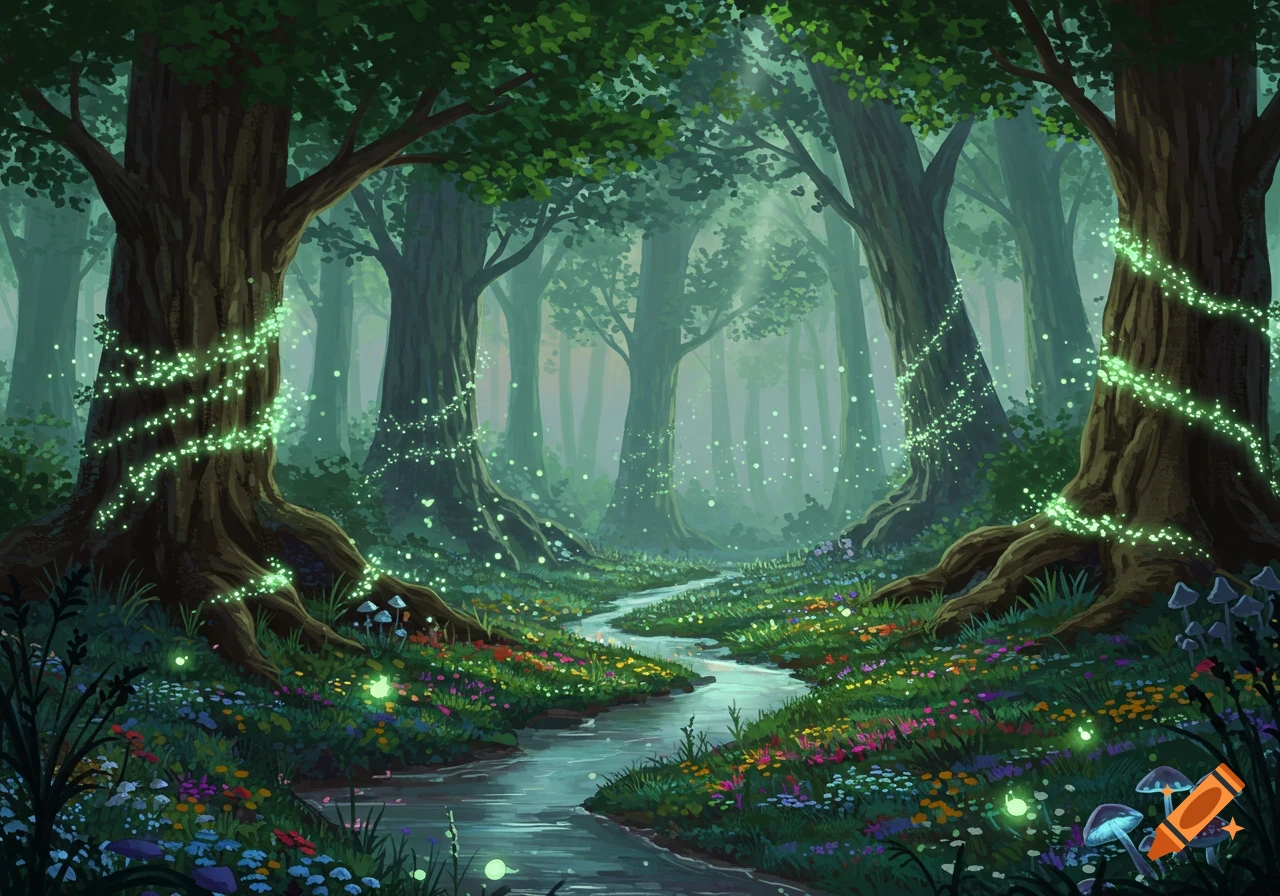 An enchanting, illustrative forest scene with a winding stream, colorful flowers, large trees, and glowing green lights.