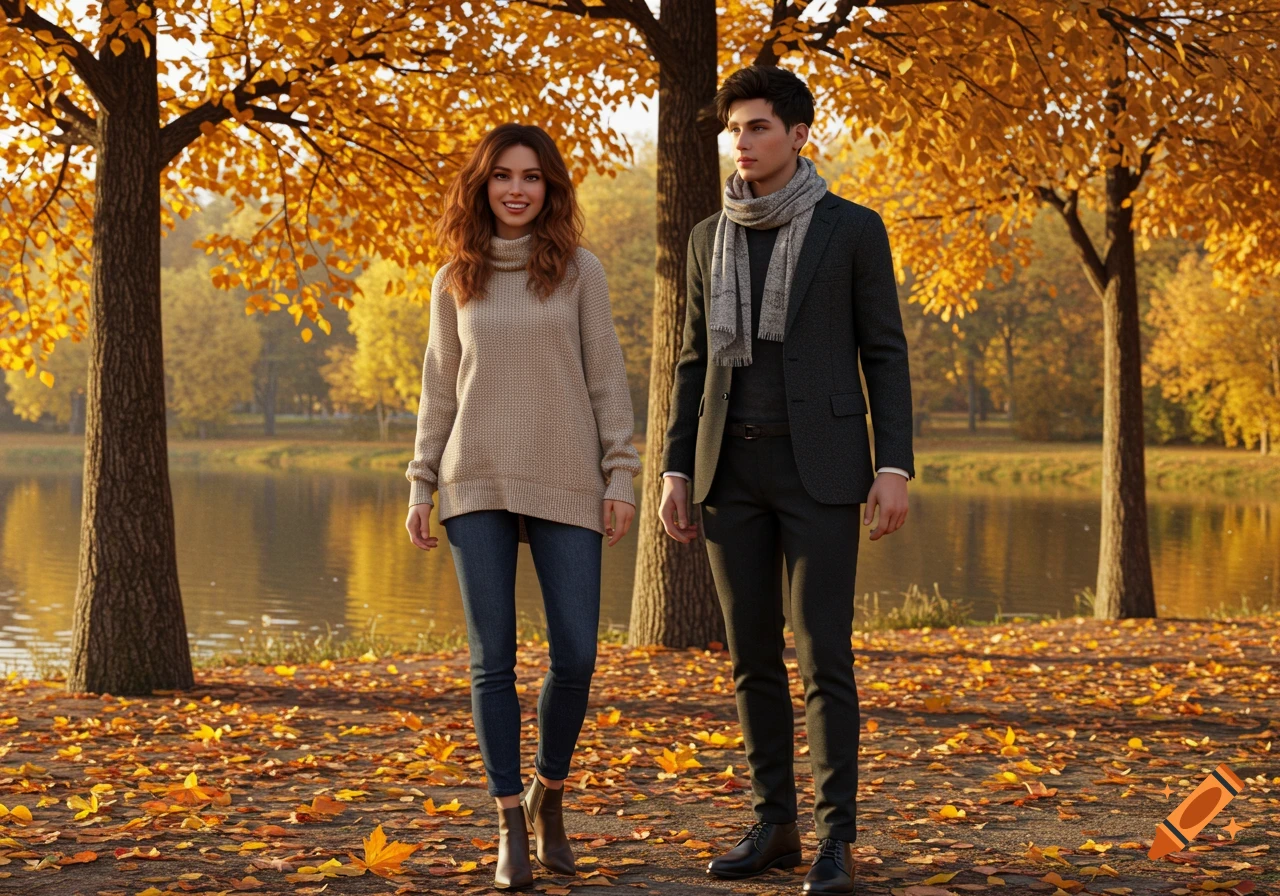 A photorealistic image of a man and a woman in fall attire walking through an autumn park with golden trees and fallen leaves.
