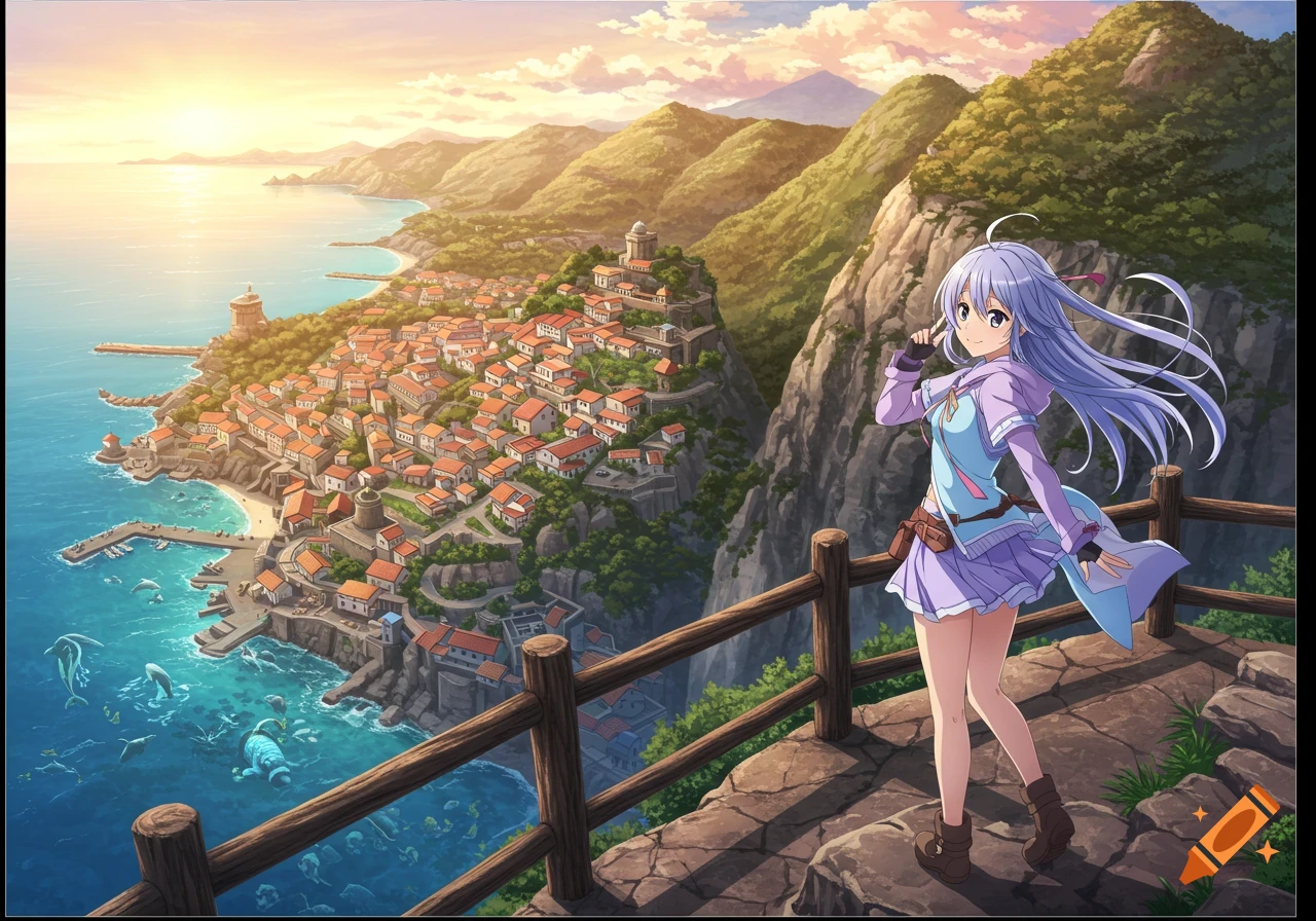 Anime girl poses on a mountain overlooking a detailed coastal village and ocean with sea animals.