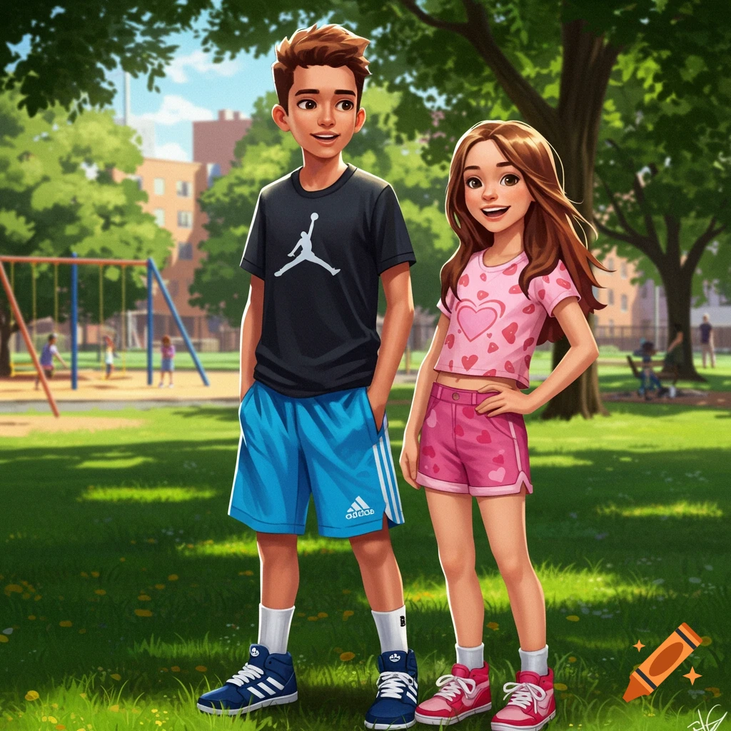 Stylized illustration of a smiling boy in Adidas shorts and a Jordan shirt, and a smiling girl in pink heart-patterned clothes, in a sunny park.
