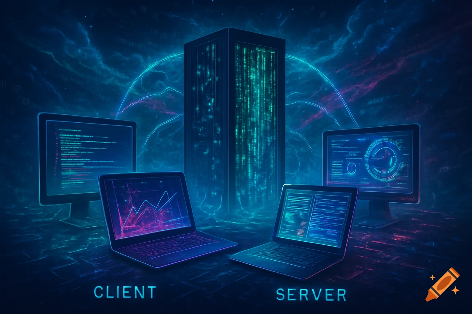 A central server tower with laptops and monitors in a glowing blue and purple digital network environment.