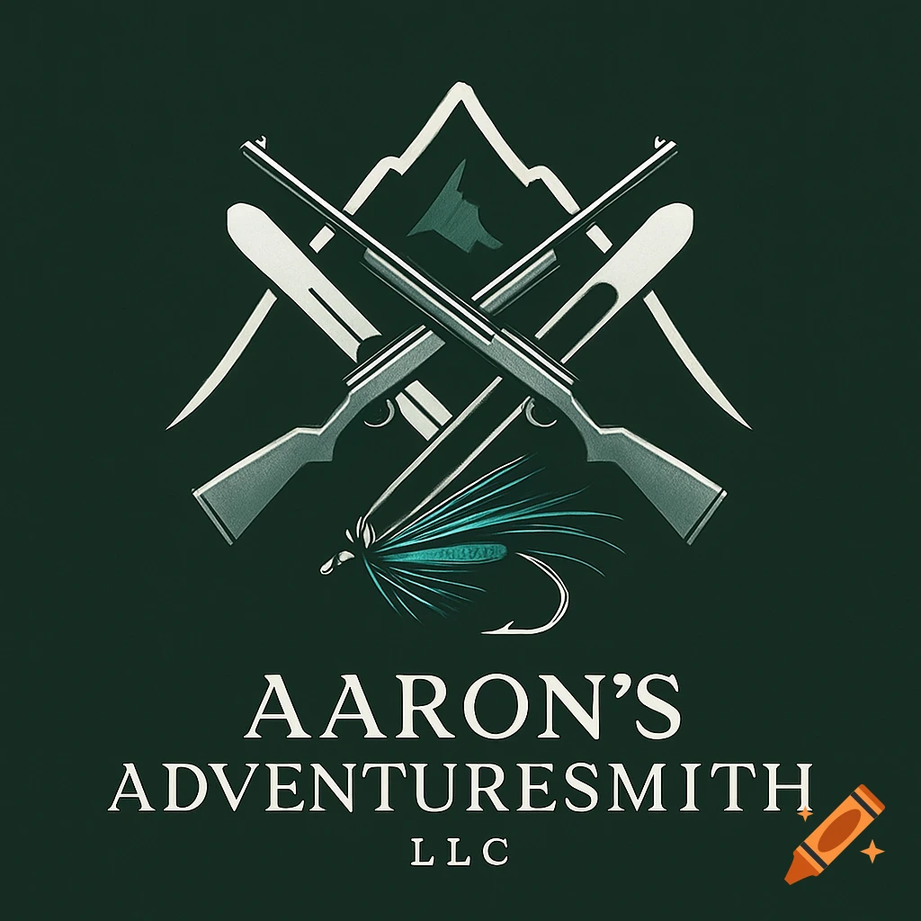 Logo for Aaron's Adventuresmith LLC featuring crossed rifles, skis, a mountain, and a fishing fly on a dark green background.