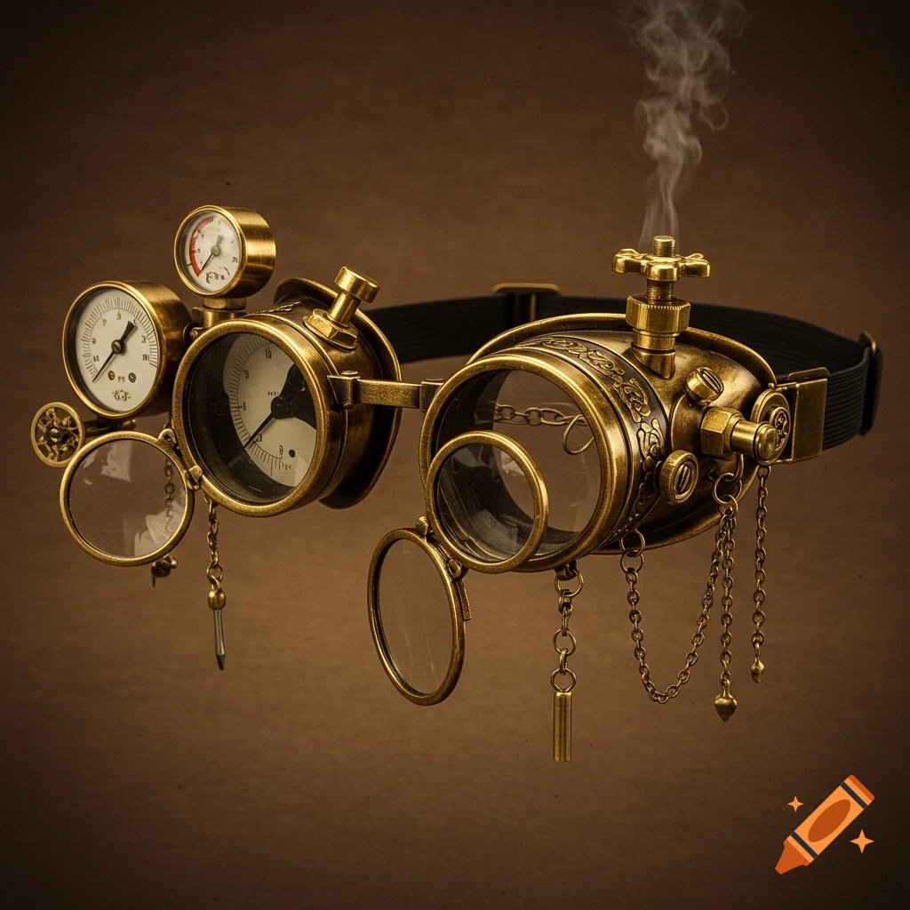 A pair of ornate brass steampunk goggles with multiple lenses, gauges, chains, and a small puff of steam rising from the top, against a brown background.