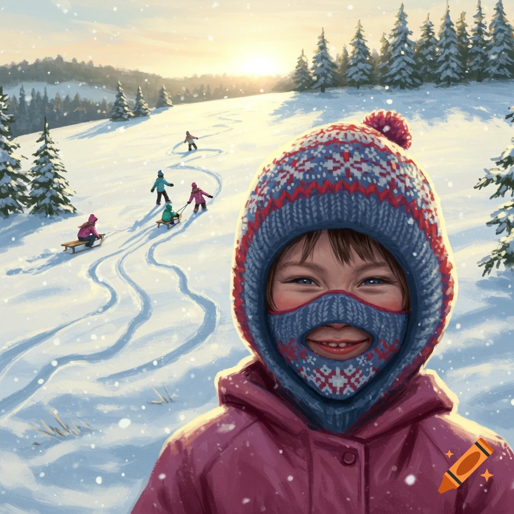 Illustrated child in a patterned ski mask smiles in the foreground of a snowy hill with other children sledding at sunset.