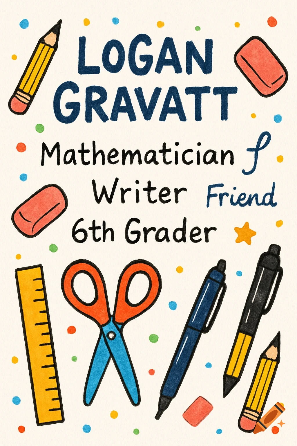 Hand-drawn illustration with colorful school supplies and text 'LOGAN GRAVATT Mathematician Writer Friend 6th Grader'.