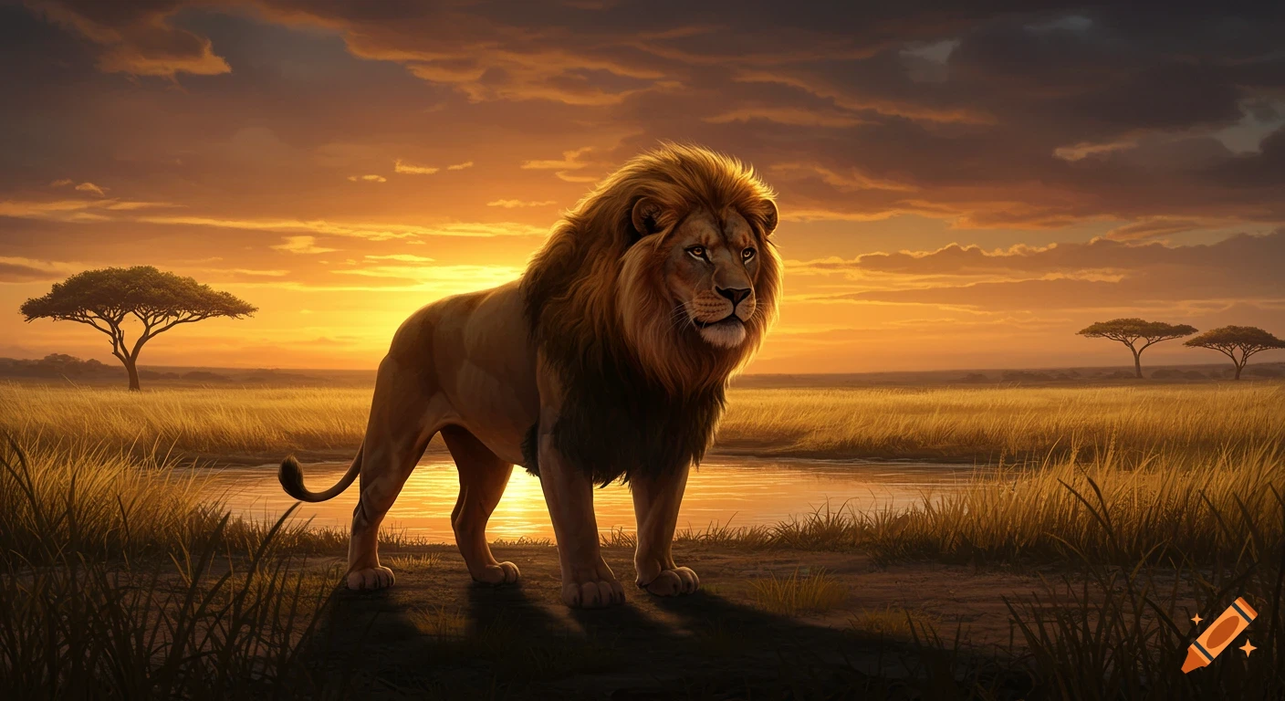 A majestic lion stands by a watering hole in a golden savanna at sunset, with acacia trees in the background.