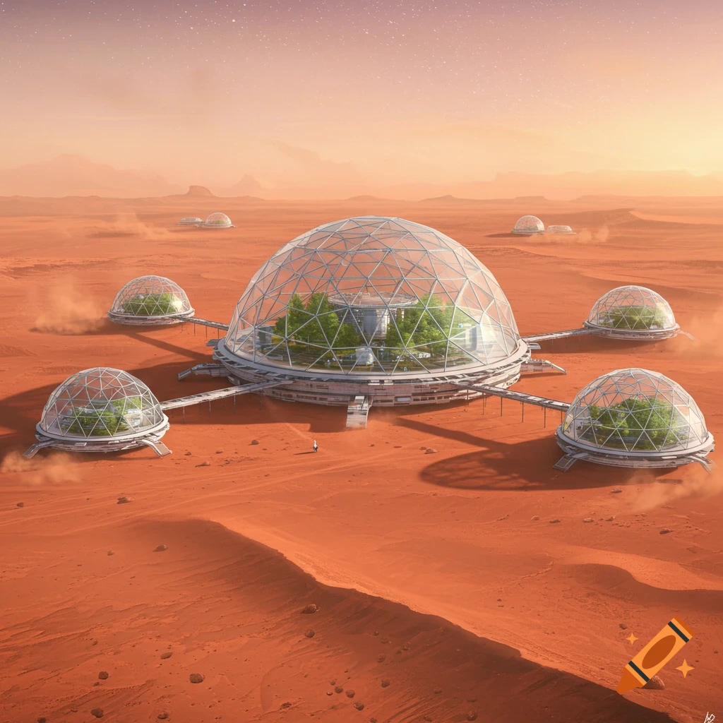 A futuristic domed city with several smaller interconnected domes on the red, rocky surface of Mars under a vast sky.