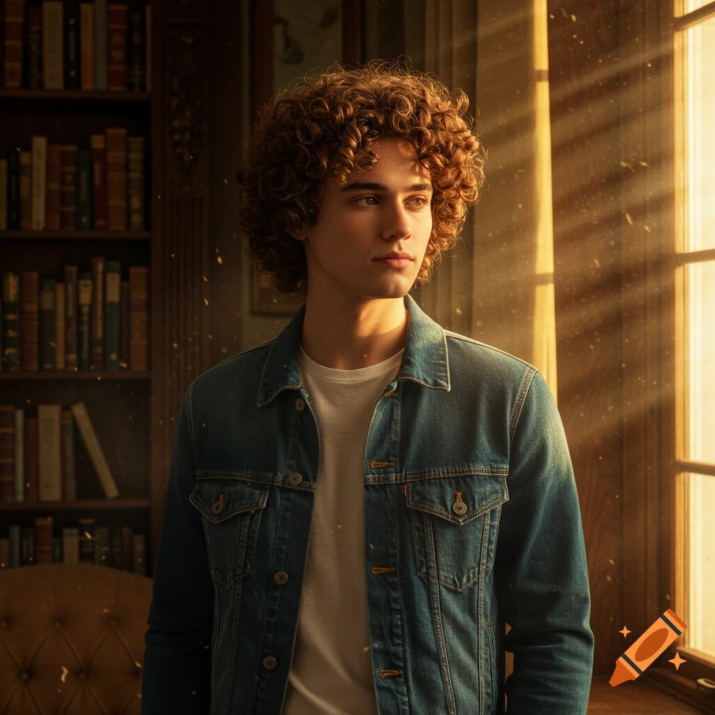 A photorealistic portrait of a young man with curly brown hair wearing a denim jacket and white t-shirt, standing in a sunlit room with bookshelves.