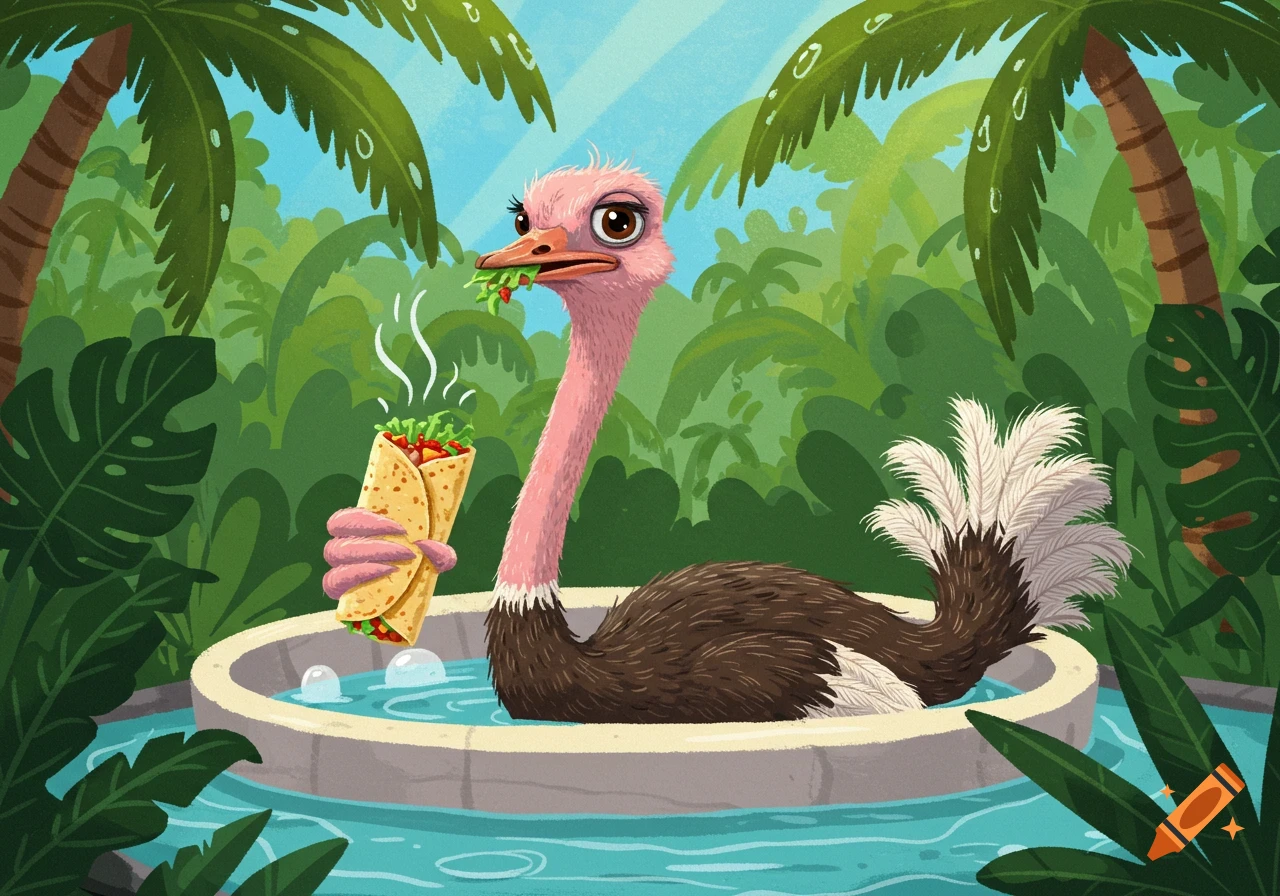 A cartoon ostrich with a pink neck sits in a hot tub in a jungle, holding and eating a burrito.