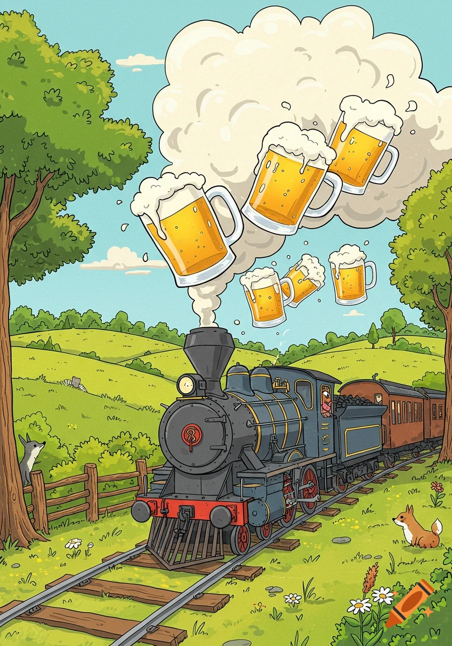 A colorful cartoon illustration depicts a steam train puffing frothy mugs of beer instead of smoke, traveling through a green countryside with hills, trees, and animals.