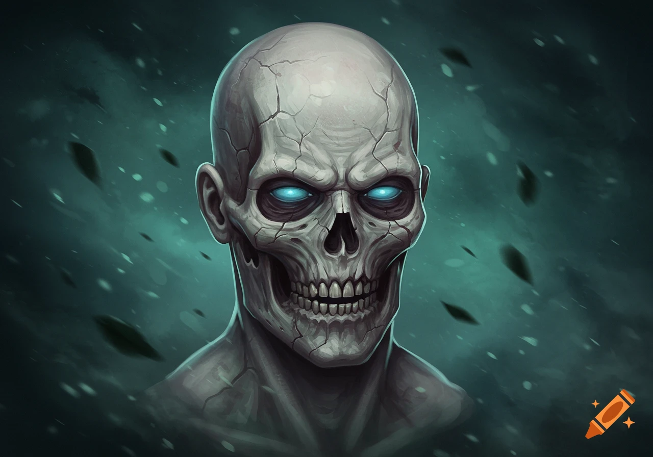An illustrated pale zombie head with glowing blue eyes and a cracked skull texture, set against a dark, misty background.